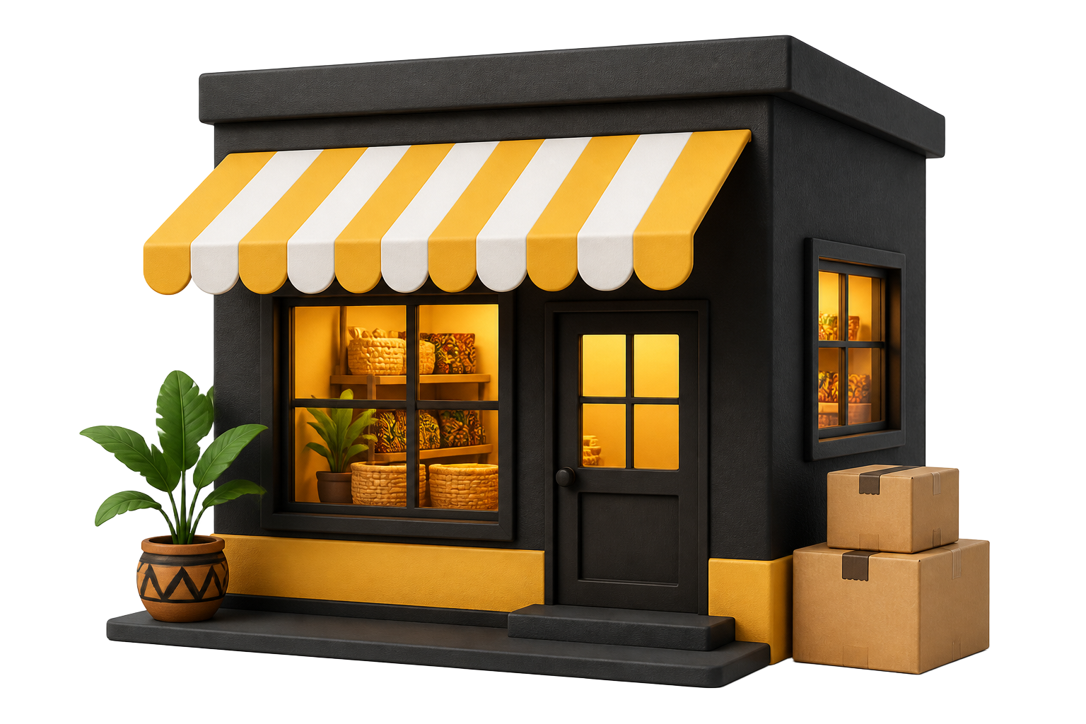 Small 3D storefront with cardboard boxes